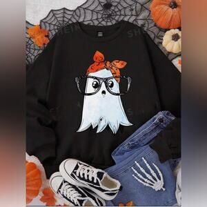 Relaxed Fit Crew Neck Sweatshirt With Pumpkin Ghost & Text Graphic Print. 🧡🖤🧡